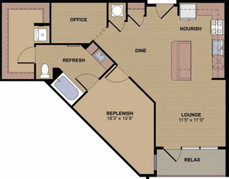 Floor plan for 1 bed, 1 bath, 865 sqft